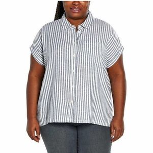 Orvis Women's Button-Up Short Sleeves Chest Pocket Blouse, Blue Stripe, Size XL